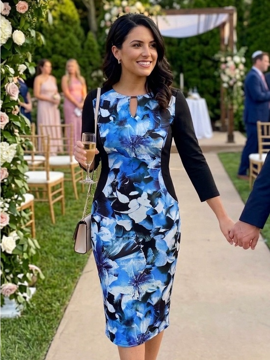 Rose Burg Dresses & Skirts - Sz M Rose Burg Blue Floral Dress with Black Side Panels